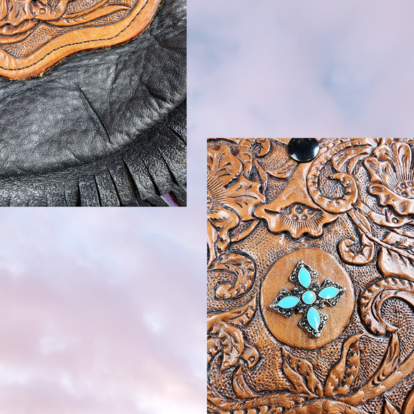 Handmade Black Leather Brown Tooled Turquoise Gem Boho Western Cowgirl Bag - Picture 6 of 7